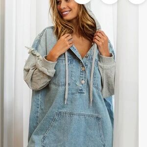 Free People Light Blue Denim Hoodie Dress with Gray Sleeves